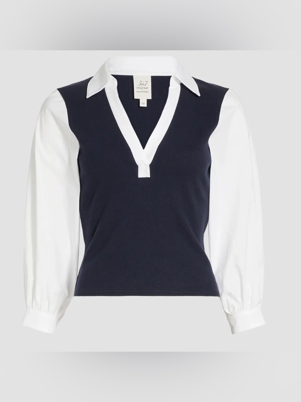 cinq a sept Navy and White V-Neck Collared Sweater